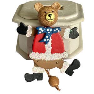 Vintage Santa Teddy Bear Christmas Pin Brooch Articulated Resin Moving Video!